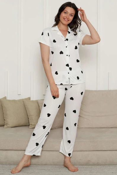 Kalp Desenli Kısa Kol Pijama Takım Siyah Kalpli - Resim 2