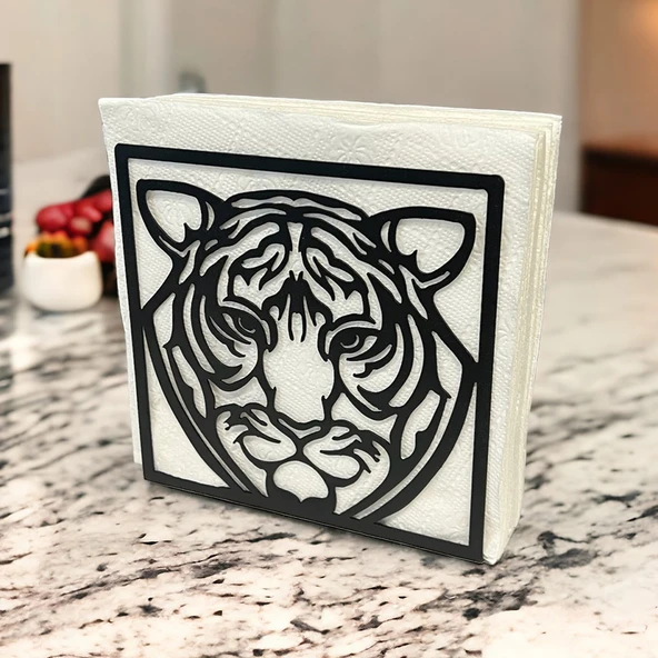 Kaplan Temalı Siyah Metal Peçetelik - 7