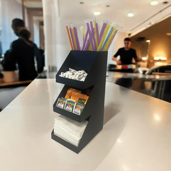 3 Katlı 5 Bölmeli Metal Pipet, Peçetelik, Şekerlik Siyah Organizer Stand Model - 3 - 5