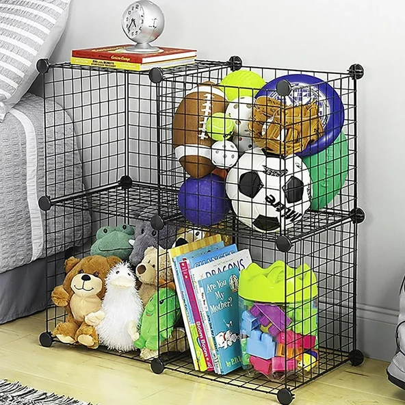 4 Bölmeli Tel Küp Çok Amaçlı Organizer Raf Siyah 33cm Mutfak, Oyuncak, Kiler, Depolama Rafı - 9