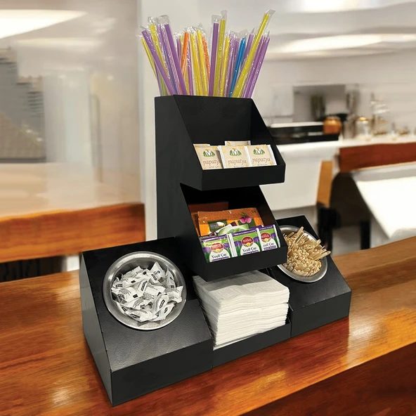 7 Bölmeli Endüstriyel Siyah Tezgah Üstü Düzenleyici Organizer, Çay ve Pipet Raflı Stand - 6