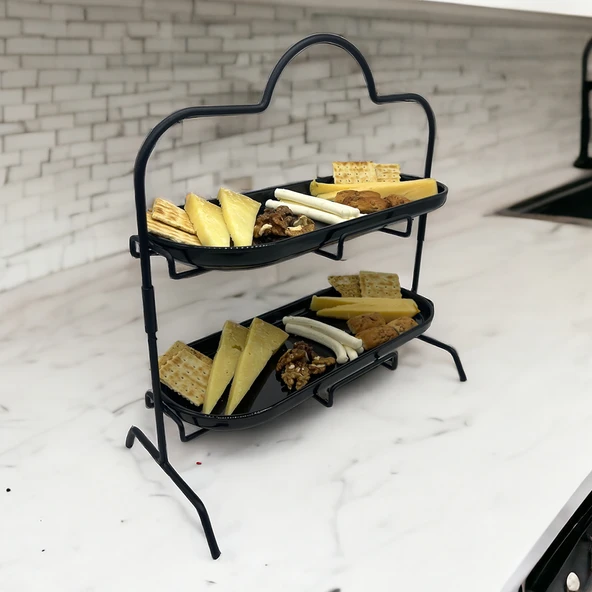 2 Katlı Siyah Melamin 13x32cm Metal Sunum Standı – İkram ve Servis İçin Model 1 Siyah - 8
