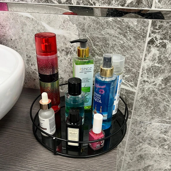 Banyo, Kozmetik Düzenleyici, Takı Standı, Organizer ve Çok Amaçlı Servis Sunum Tepsisi, İkramlık 23CM SİYAH - 6