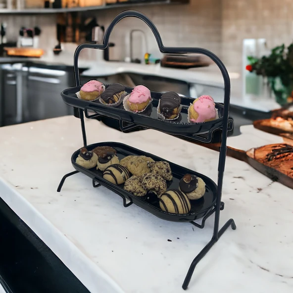 2 Katlı Siyah Melamin 13x32cm Metal Sunum Standı – İkram ve Servis İçin Model 1 Siyah - 12