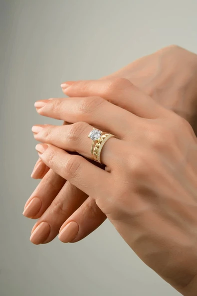 Kadın Kalpli Tektaş Alyans Altın Yüzük - Resim 4