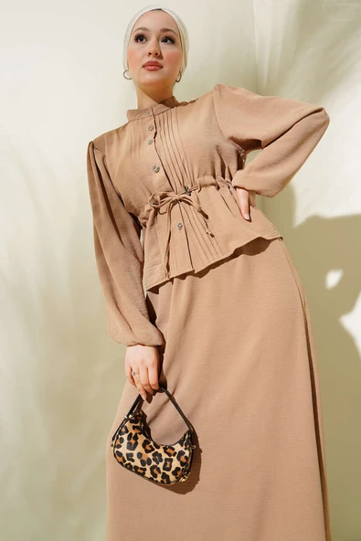 Önü Pileli Bel Tünelli Etekli Takım Latte - Resim 2