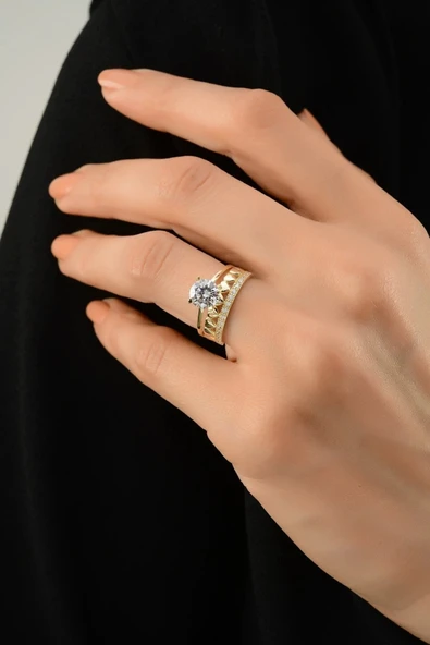 Kadın Kalpli Tektaş Alyans Altın Yüzük - Resim 7