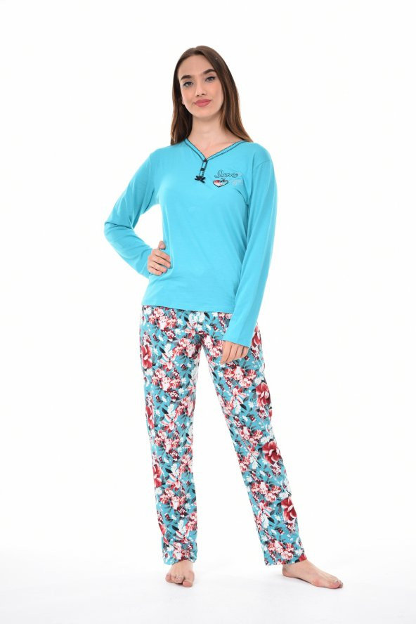 Pianoluce Kadın Pamuklu V Yaka Düğmeli Uzun Kol Pijama Takım Turkuaz PLWM22PJT005