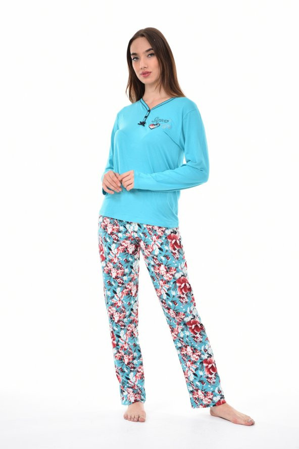 Pianoluce Kadın Pamuklu V Yaka Düğmeli Uzun Kol Pijama Takım Turkuaz PLWM22PJT005 - 2