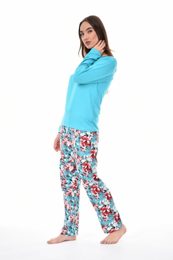 Pianoluce Kadın Pamuklu V Yaka Düğmeli Uzun Kol Pijama Takım Turkuaz PLWM22PJT005 - 3