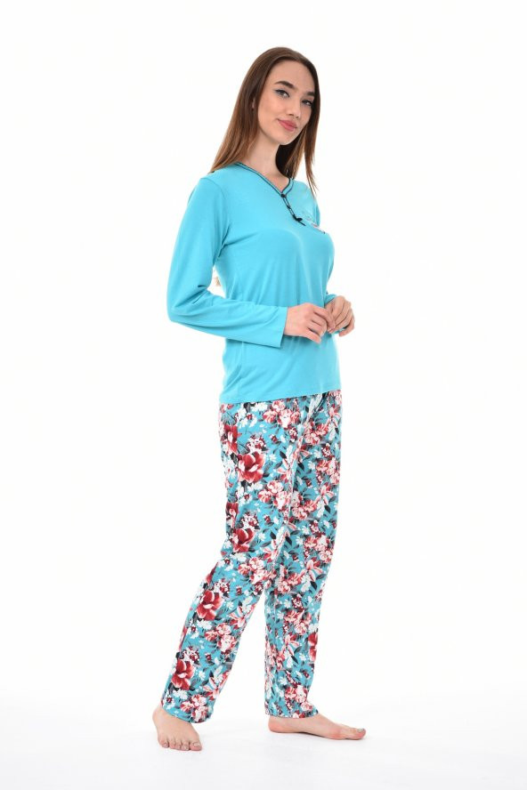 Pianoluce Kadın Pamuklu V Yaka Düğmeli Uzun Kol Pijama Takım Turkuaz PLWM22PJT005 - 4