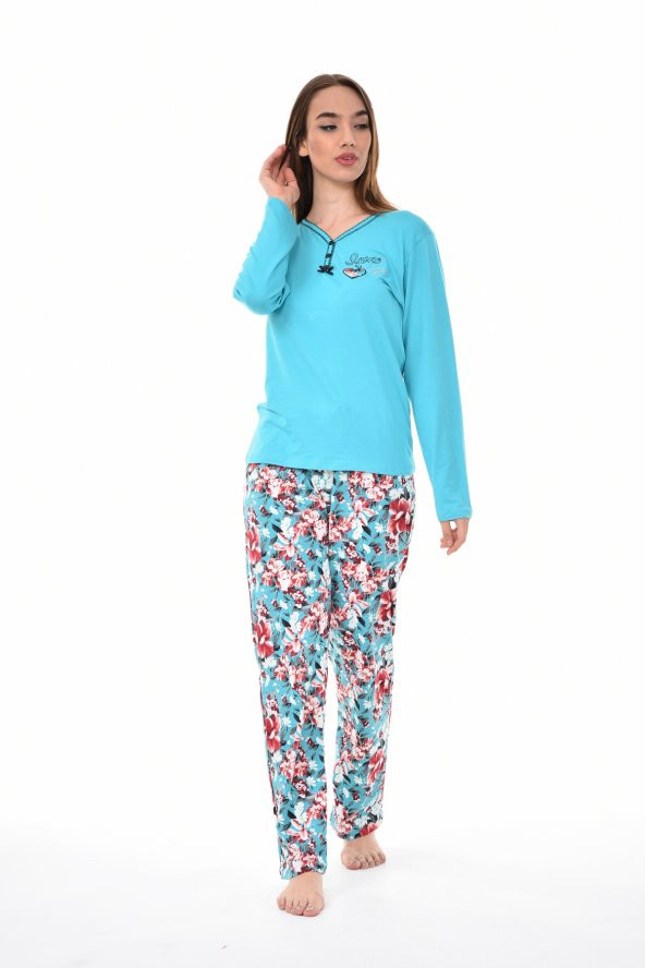 Pianoluce Kadın Pamuklu V Yaka Düğmeli Uzun Kol Pijama Takım Turkuaz PLWM22PJT005 - 5