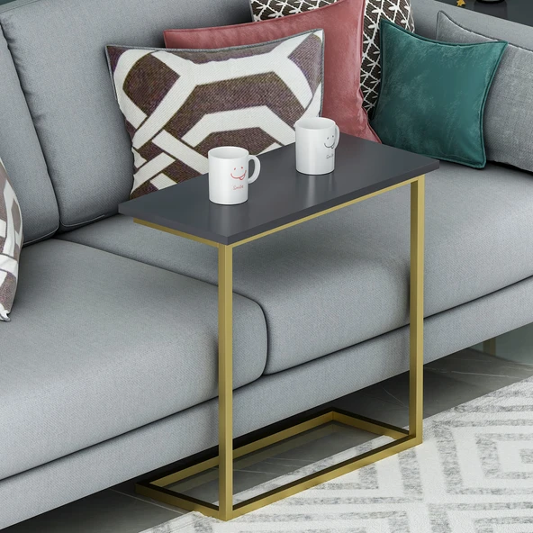 Narin Yan Sehpa, Metal Ayaklı Çok Amaçlı Yan Sehpa Antrasit/Gold - 3