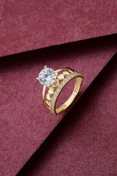 Kadın Kalpli Tektaş Alyans Altın Yüzük - Resim 3