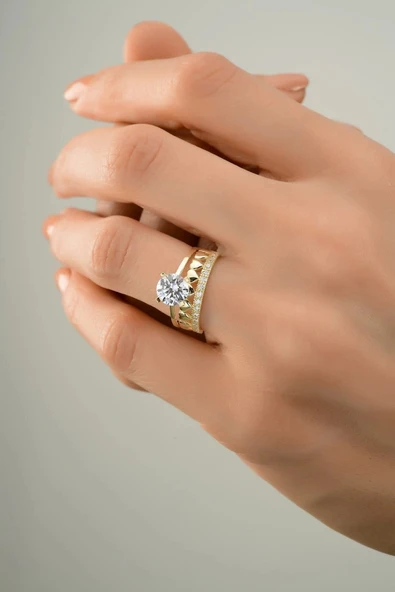 Kadın Kalpli Tektaş Alyans Altın Yüzük - Resim 5