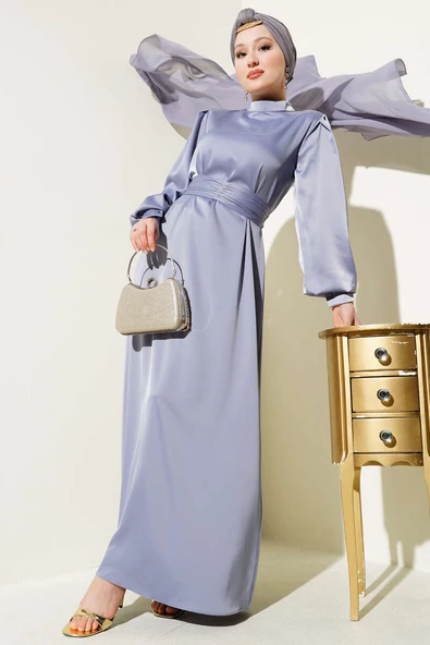 Büzgü Kuşaklı Basic Saten Elbise Gri ürün görseli 1