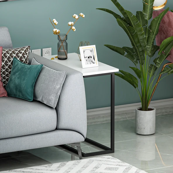 Narin Yan Sehpa, Metal Ayaklı Çok Amaçlı Yan Sehpa Beyaz/Siyah - 4