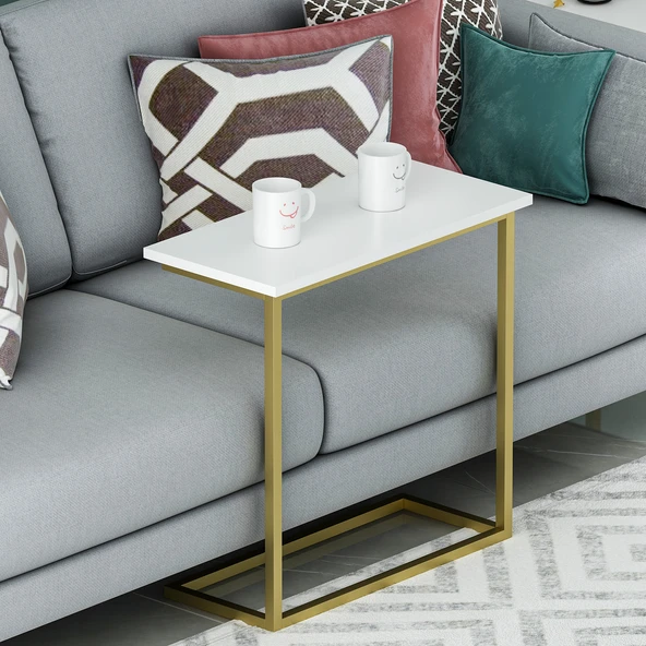 Narin Yan Sehpa, Metal Ayaklı Çok Amaçlı Yan Sehpa Beyaz/Gold - 3