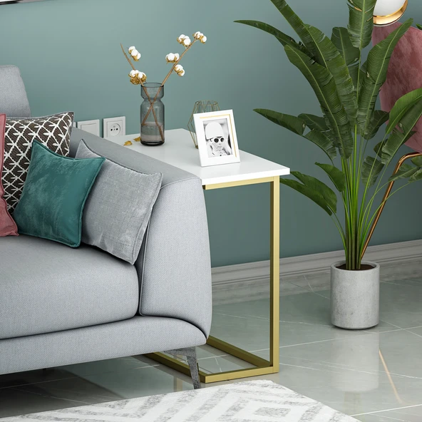 Narin Yan Sehpa, Metal Ayaklı Çok Amaçlı Yan Sehpa Beyaz/Gold - 4