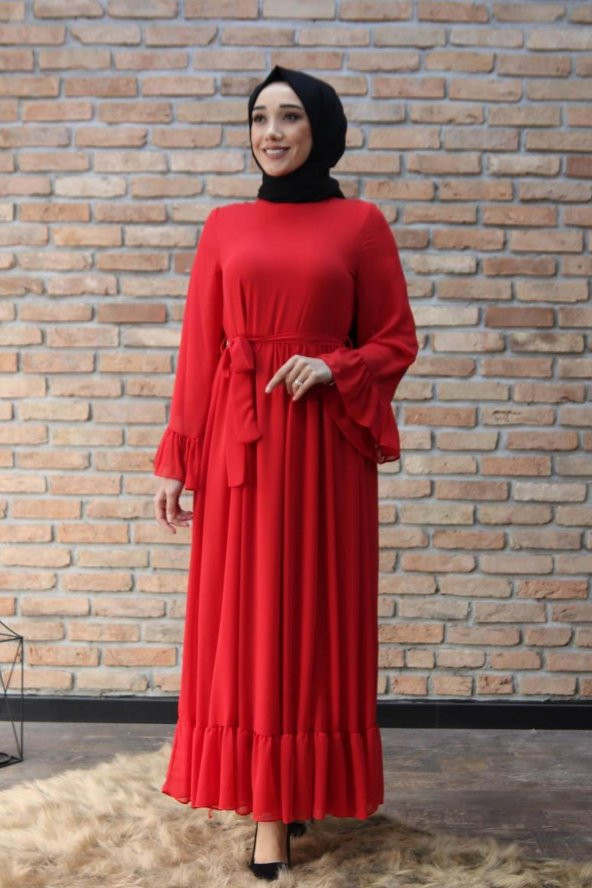 Fırfır Detaylı Tesettür Şifon Elbise - Kırmızı
