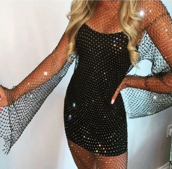 Kadın Uzun Kollu Kristal Taşlı File Elbise - 2