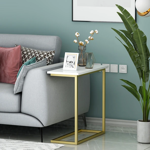 Narin Yan Sehpa, Metal Ayaklı Çok Amaçlı Yan Sehpa Beyaz/Gold