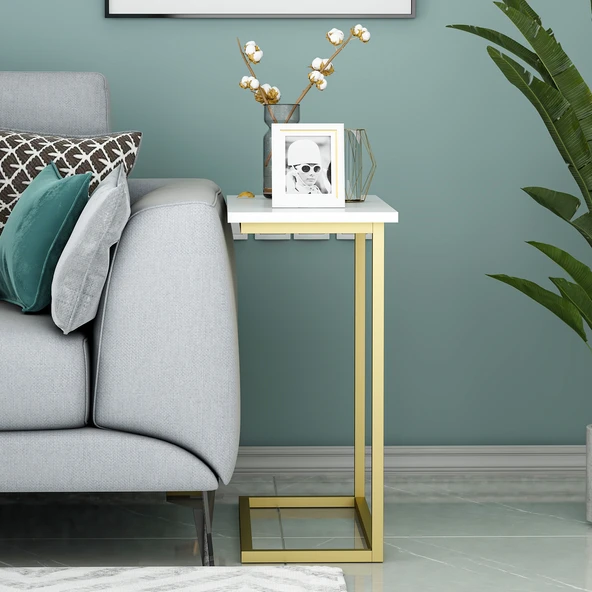 Narin Yan Sehpa, Metal Ayaklı Çok Amaçlı Yan Sehpa Beyaz/Gold - 2