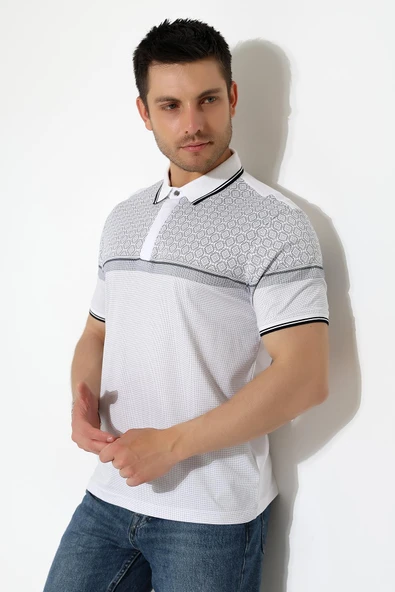Fermuar Detaylı Desenli Pamuklu Polo Yaka T-shirt - 5