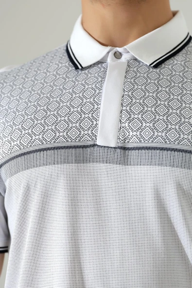 Fermuar Detaylı Desenli Pamuklu Polo Yaka T-shirt - 8