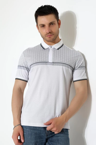 Fermuar Detaylı Desenli Pamuklu Polo Yaka T-shirt - 6
