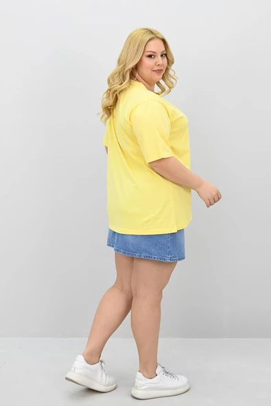 Kadın Büyük Beden Kısa Kollu Bisiklet Yaka Oversize T-shirt 1963-25 - 7