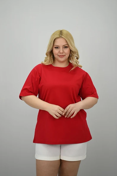 Kadın Büyük Beden Kısa Kollu Bisiklet Yaka Oversize T-shirt 1963-25