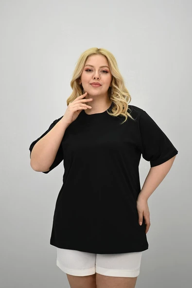 Kadın Büyük Beden Kısa Kollu Bisiklet Yaka Oversize T-shirt 1963-25 - 10