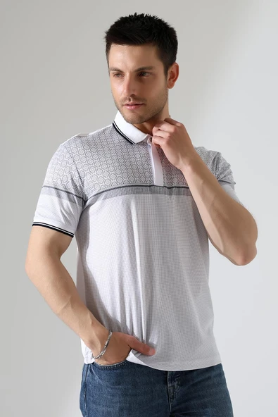 Fermuar Detaylı Desenli Pamuklu Polo Yaka T-shirt - 4