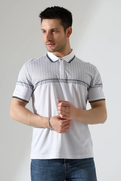 Fermuar Detaylı Desenli Pamuklu Polo Yaka T-shirt - 3