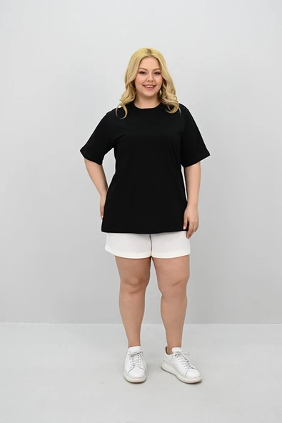 Kadın Büyük Beden Kısa Kollu Bisiklet Yaka Oversize T-shirt 1963-25 - 12