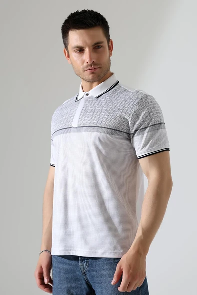 Fermuar Detaylı Desenli Pamuklu Polo Yaka T-shirt - 12