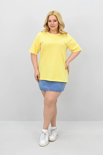 Kadın Büyük Beden Kısa Kollu Bisiklet Yaka Oversize T-shirt 1963-25 - 5