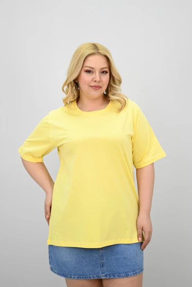 Kadın Büyük Beden Kısa Kollu Bisiklet Yaka Oversize T-shirt 1963-25 - 2