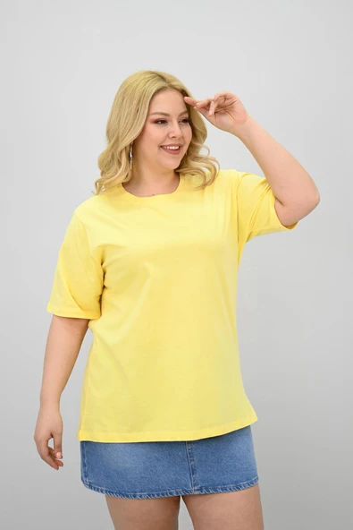 Kadın Büyük Beden Kısa Kollu Bisiklet Yaka Oversize T-shirt 1963-25 - 3