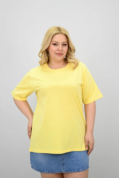 Kadın Büyük Beden Kısa Kollu Bisiklet Yaka Oversize T-shirt 1963-25 - 3