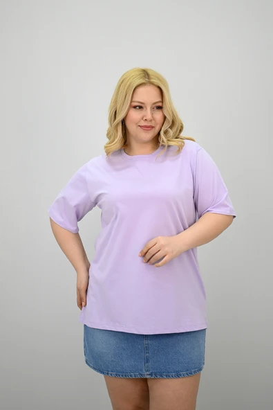 Kadın Büyük Beden Kısa Kollu Bisiklet Yaka Oversize T-shirt 1963-25