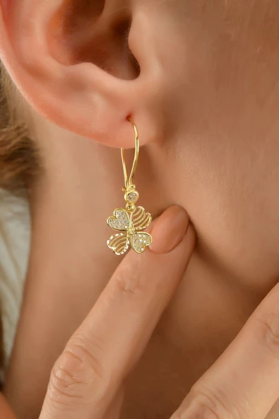 14 Ayar Altın Sallantılı Yonca Küpe - Resim 2