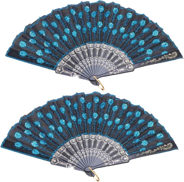 Beluga Yelpaze Şık Siyah Mavi Pullu Yelpaze 2 Adet