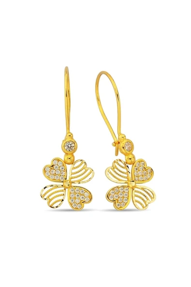 14 Ayar Altın Sallantılı Yonca Küpe - Resim 3