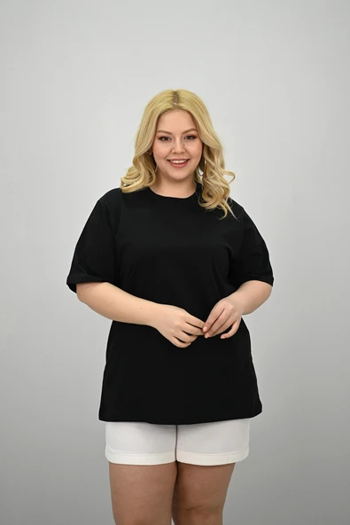 Kadın Büyük Beden Kısa Kollu Bisiklet Yaka Oversize T-shirt 1963-25 - 10
