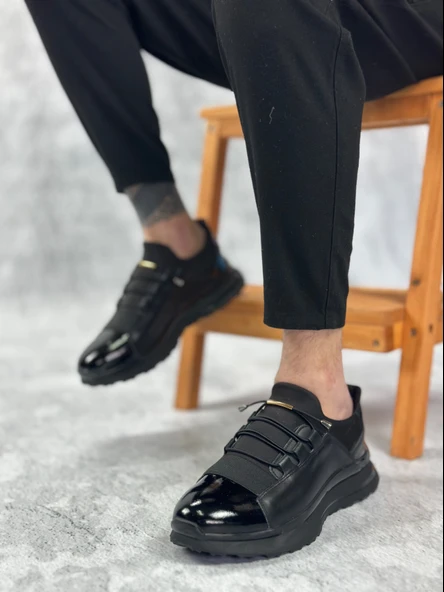ET0234 İçi Dışı Hakiki Deri Rahat Taban Siyah Bant Detaylı Sneakers Casual Erkek Ayakkabı
