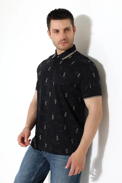 Erkek Yakası Çıt Çıt ve Fermuar Detaylı, Desenli Polo Yaka T-shirt - 6