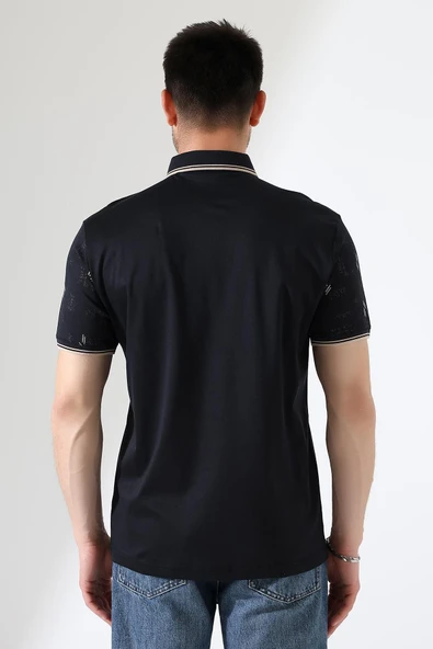 Erkek Yakası Çıt Çıt ve Fermuar Detaylı, Desenli Polo Yaka T-shirt - 7