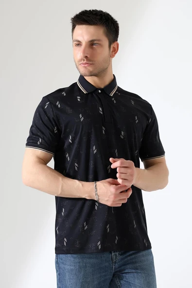 Erkek Yakası Çıt Çıt ve Fermuar Detaylı, Desenli Polo Yaka T-shirt - 12